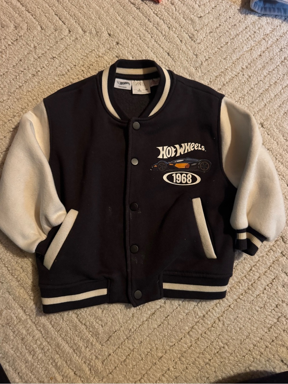 Zara Kids Black and Cream Hot Wheels Varsity Jacket